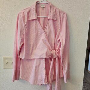 CUPIO Pink White Stripe Wrap Side Bow Button Down Shirt Long Sleeve Blouse Sz L